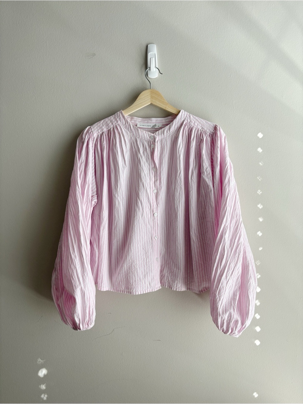 Altar’d State Striped Pink Button-Front Balloon Sleeve Women's Top
